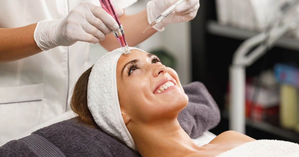 Smiling woman receiving microneedling on her forehead in Superior, CO, from a professional using a pink device and a syringe.